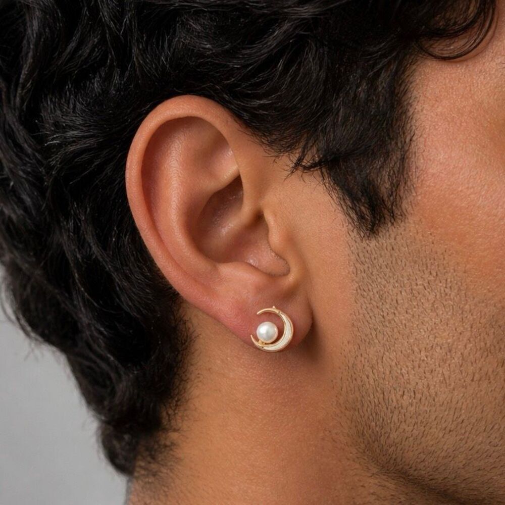 Cosmic Moon Freshwater Pearl Stud Earrings Gold Tone Celestial Crescent Lunar